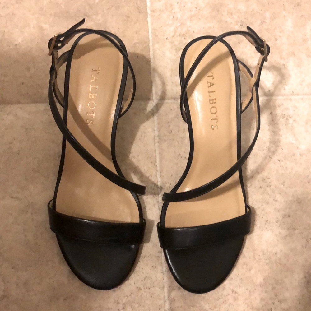 Black leather strappy kitten heels
